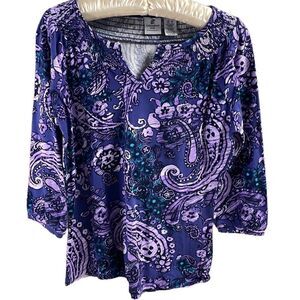 Caribbean Joe Ladies Paisley Blouse Top, Size Small, Purple,Teal